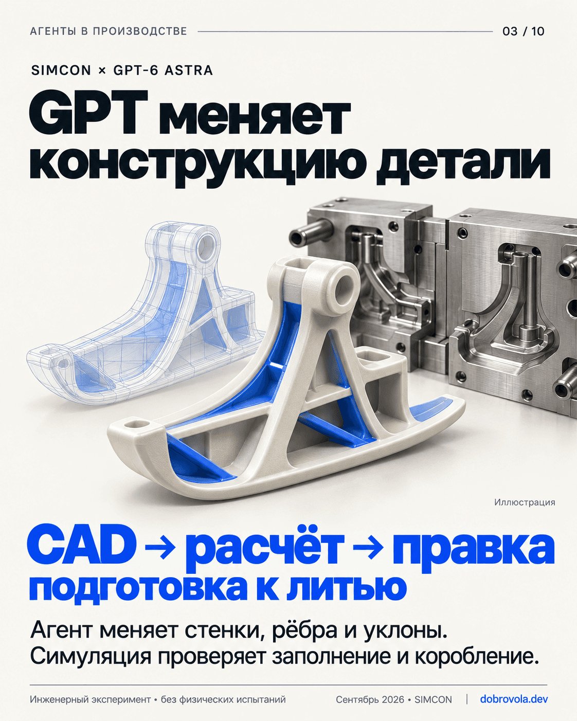 Иллюстрация SIMCON: опора квадрокоптера, её CAD-модель и пресс-форма; выделены изменения рёбер.