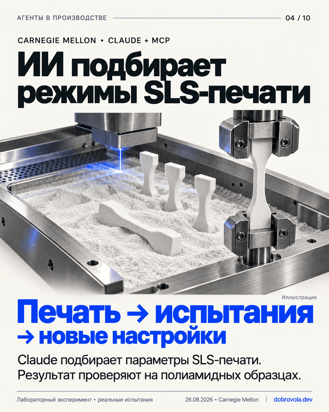 Иллюстрация CMU: SLS-печать полиамидных образцов и образец в захватах испытательной машины.