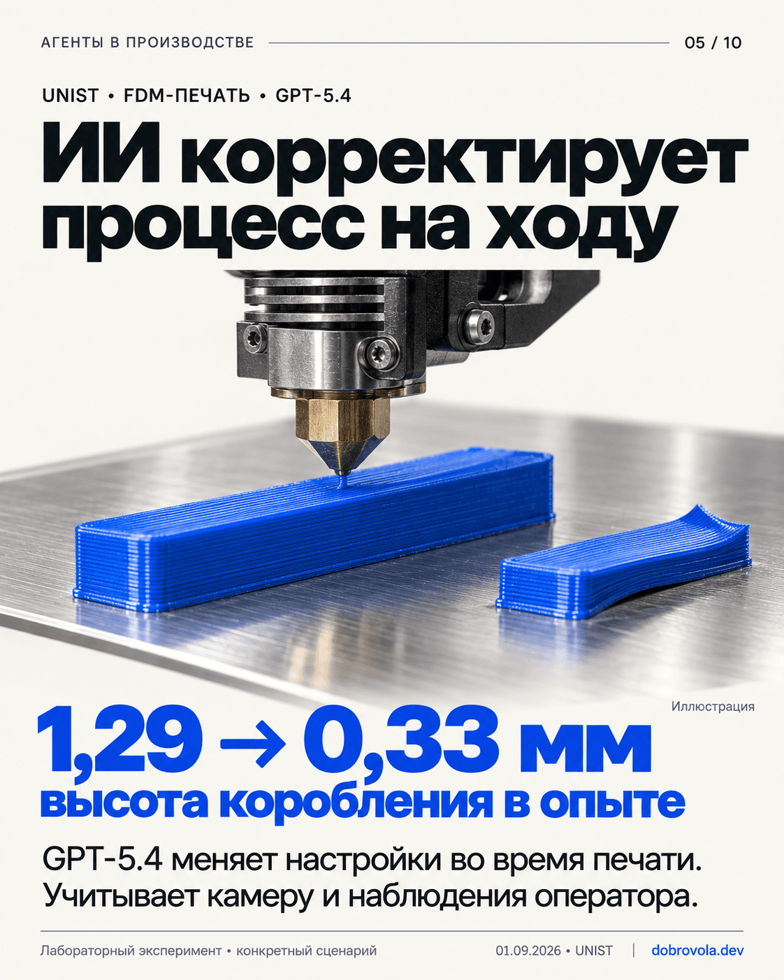 Иллюстрация UNIST: сопло FDM-принтера и два образца; высота коробления в опыте снизилась с 1,29 до 0,33 мм.