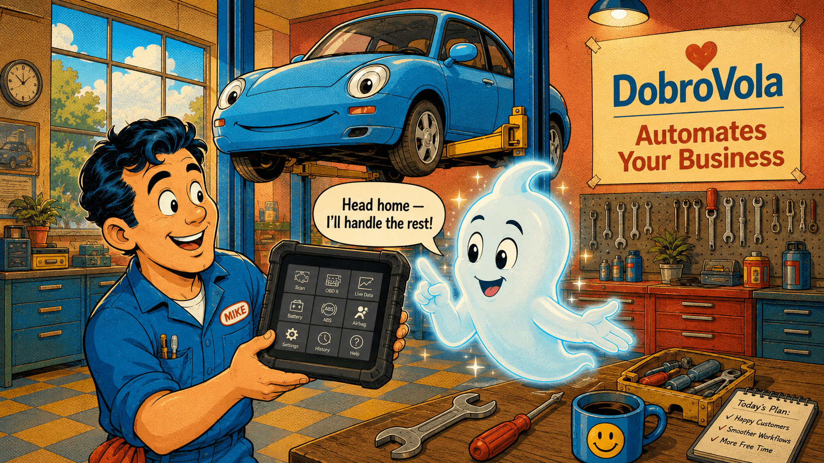 Comic illustration of a smiling car on a lift, a mechanic holding a diagnostic tablet, and a friendly AI assistant