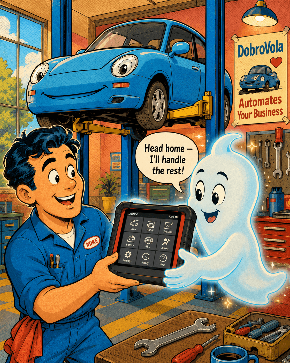 Comic illustration of a mechanic showing a diagnostic tablet to a friendly AI assistant beside a car on a lift